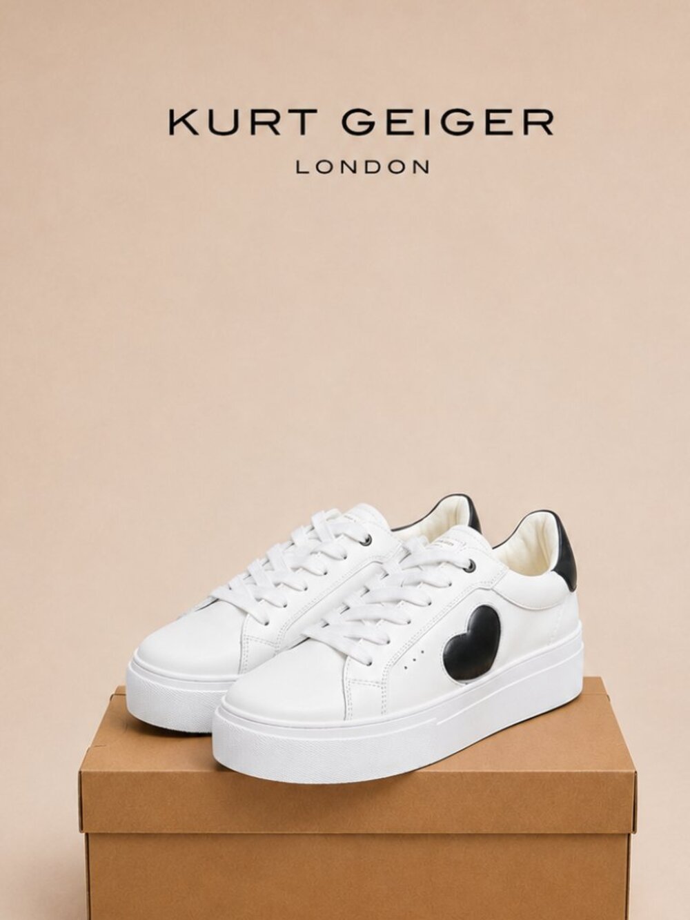 Kurt Geiger London Lane Heart White Leather Platform Sneakers Black Heart Womens